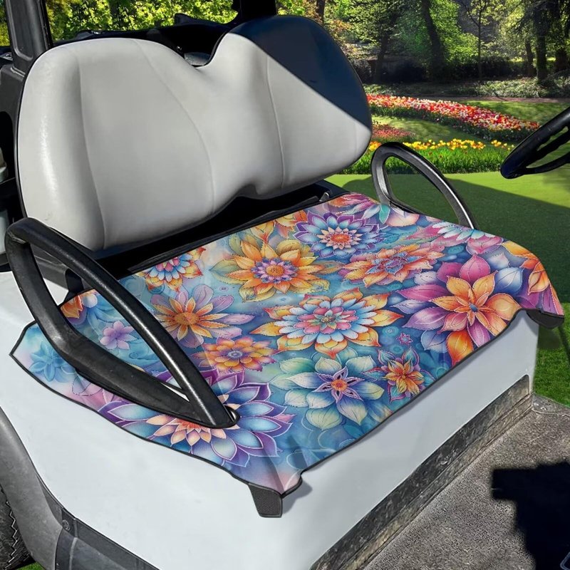 Tomeusey Golf Cart Seat Cover All-Weather Seat Cushion for Golf Cart Club Car, Boho Flower Print Sightseeing Car Seat Towel & Blanket Universal 2-Person Seats, Golf Cart Essentials