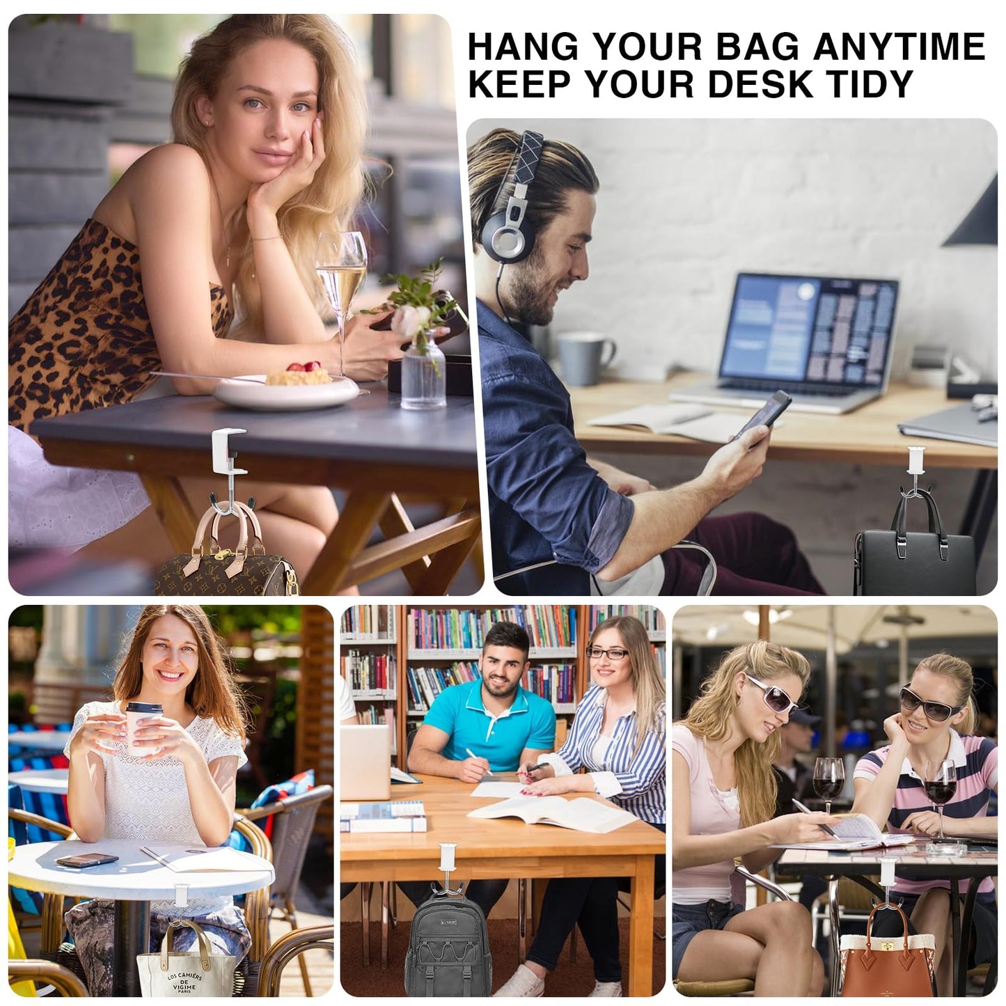 2 Pack Heavy-Duty Purse Hooks for Table & Desk - 100lb Capacity High-Strength Alloy Hanger, Multi-Use Bag Holder for Handbag, Backpack, Headphone, Umbrellas, Office Table Accessories (Cloud White)