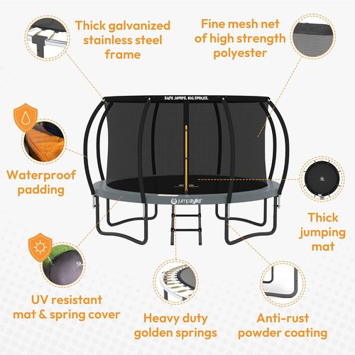 JUMPZYLLA Trampoline - Outdoor Recreational Trampoline with Enclosure & Ladder | 8FT-16FT, ASTM Approved