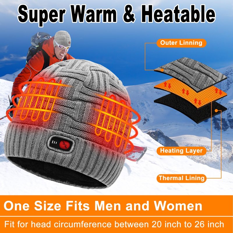 SVPRO Men Women Rechargeable Electric Heated Hat Winter Warm Hat Battery Heating Beanies with 3 Temperature Settings,Heated Beanie Skull Cap Hat Work Up to 3-7H Grey