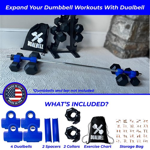 Blue DUALBELL Superset for 1” bar and black weight collars- Home gym dumbbell to barbell adapters - Connect Dumbbells to 1” standard diameter bar to replace weight plates- holds up to 100lb dumbbell