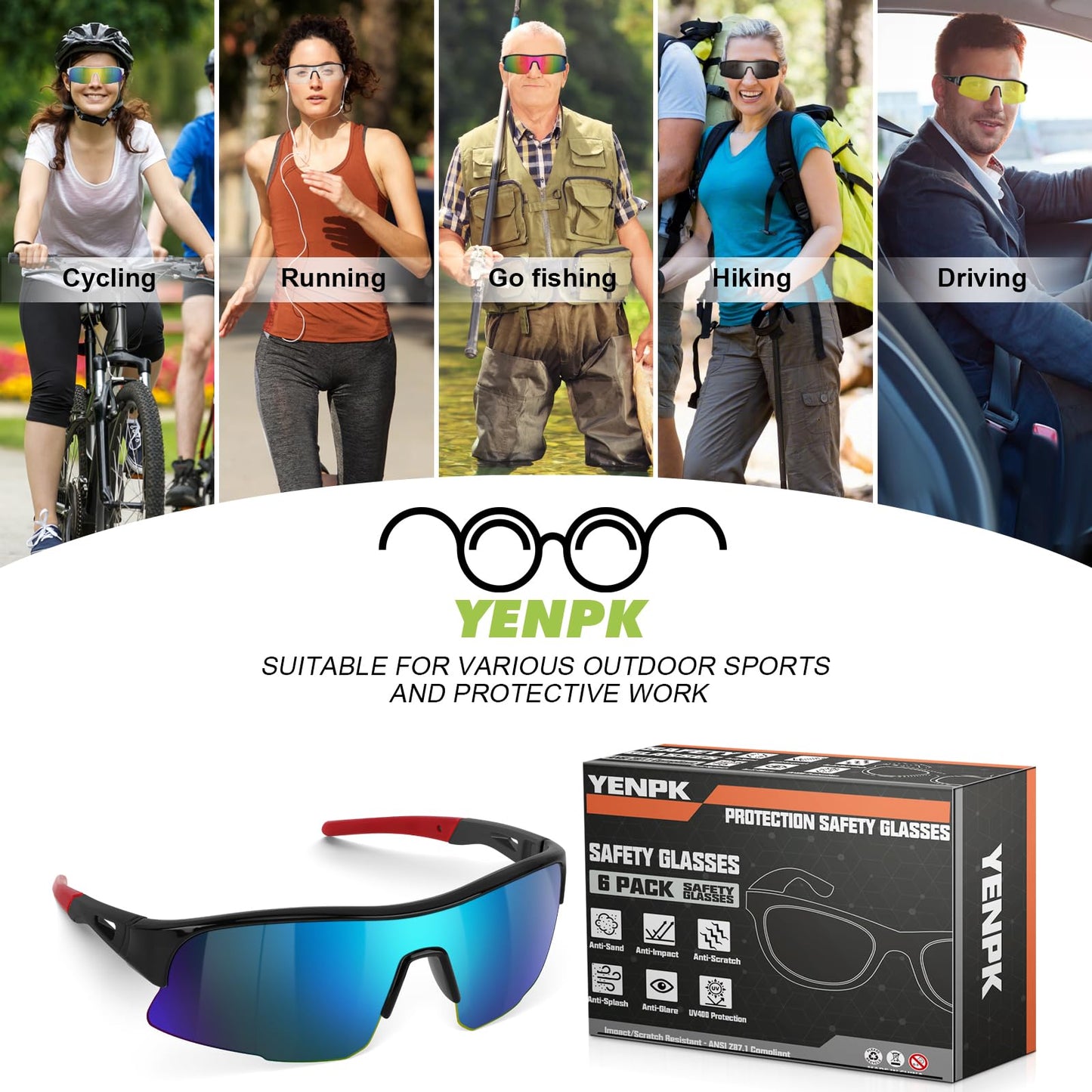 YENPK 6 Pack Safety Glasses, ANSI Z87.1 Safety Glasses with UV Protection, Impact Resistant Tinted Safety Goggles