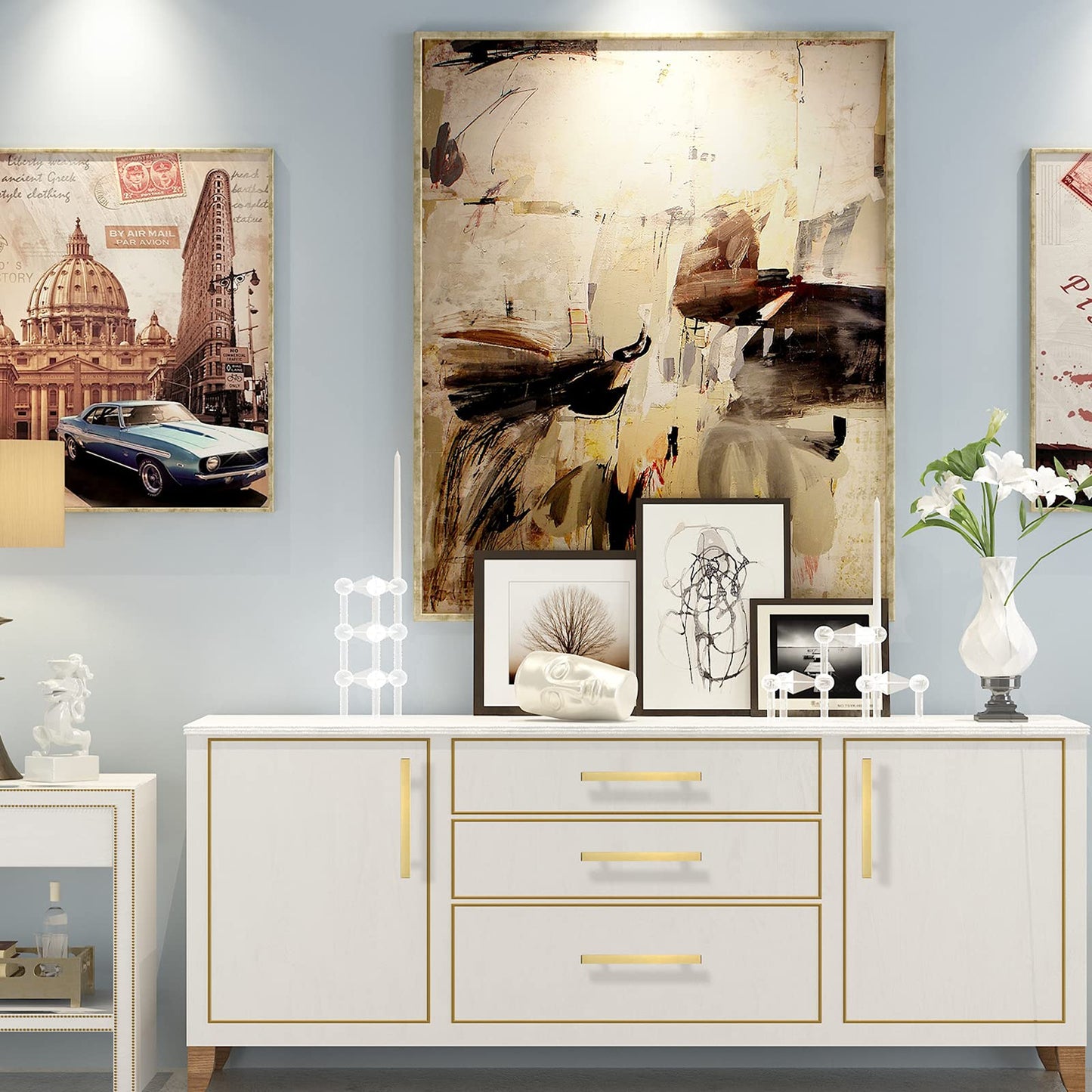 Goldenwarm Gold Cabinet Knobs Kitchen Hardware Drawer Pulls - LS1212GD128 Brushed Brass Cabinet Door Handles 5 Inch Hole Centers T Bar Square Bathroom Cabinet Pulls 30 Pack