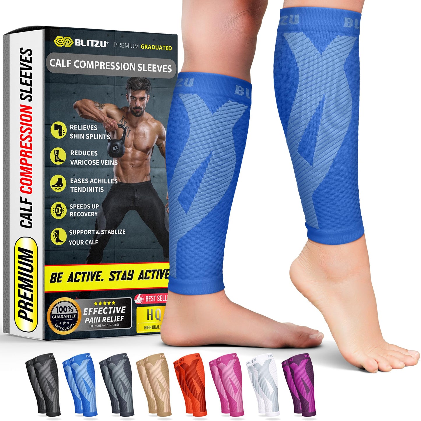BLITZU Calf Compression Sleeve for Women and Men, Shin Splint Sleeves for Varicose Veins, Nursing, Pregnancy, Running, Footless Compression Socks Support for Calf Muscle Pain Relief Blue S-M