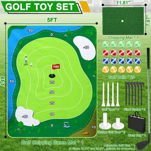 52HZ 6x5Ft Golf Chipping Game Mat, Battle Royale Golf Game Set with Golf Hitting Mat, 20 Grip Golf Balls, Golf Games for Adults Family Outdoor Indoor