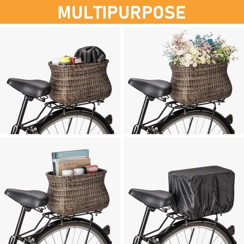 Bike Basket Rear, Handmade Rattan Bicycle Baskets with Waterproof Cover, Cruiser Bike Baskets for Women’, Retro Style Bike Baskets for Adult Bikes and Ebike