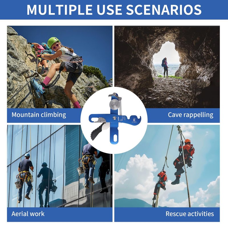 REISIO Climbing Stop Descender for 9-12mm,Self-Braking Self Locking Belay Device Rescue Equipment Hand Controls with Mountain Climbing Cave Rappelling Aerial Work Rescue Activities (Blue)