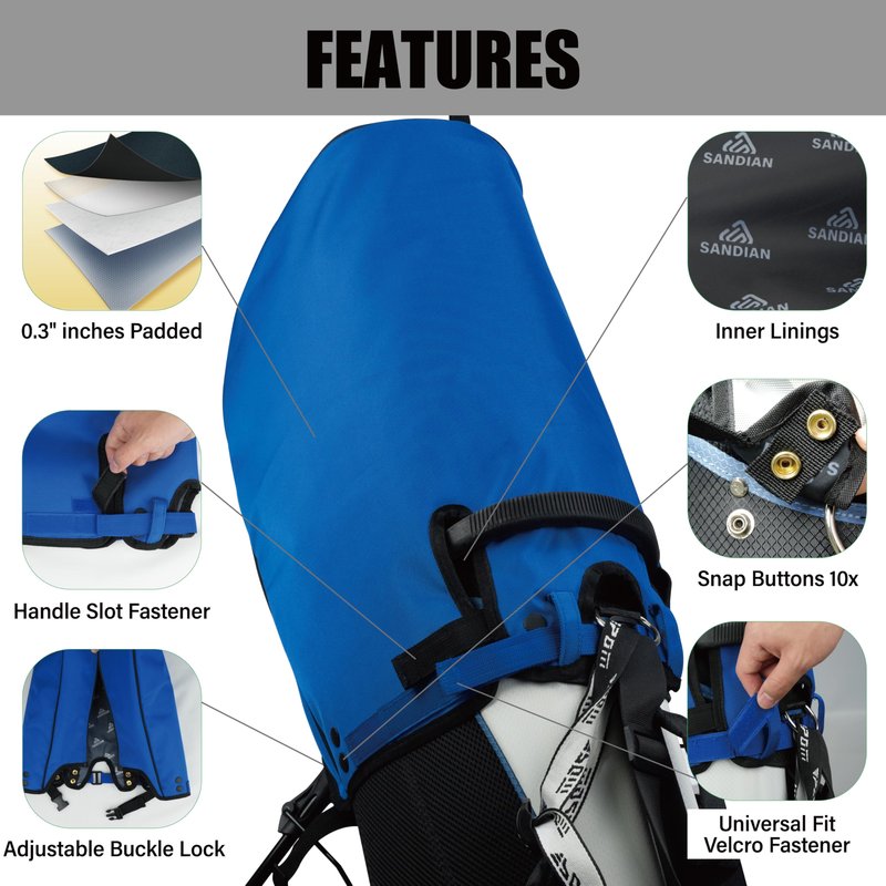 SANDIAN, Blue Color, Golf Bag Rain Hood Cover, Waterproof 1260D Oxford Polyester, 12x20 Inches, Padded Protection, PU Coated, Two Sided Zipper, Adjustable Buckle Lock Fasteners, Snap Button Locking