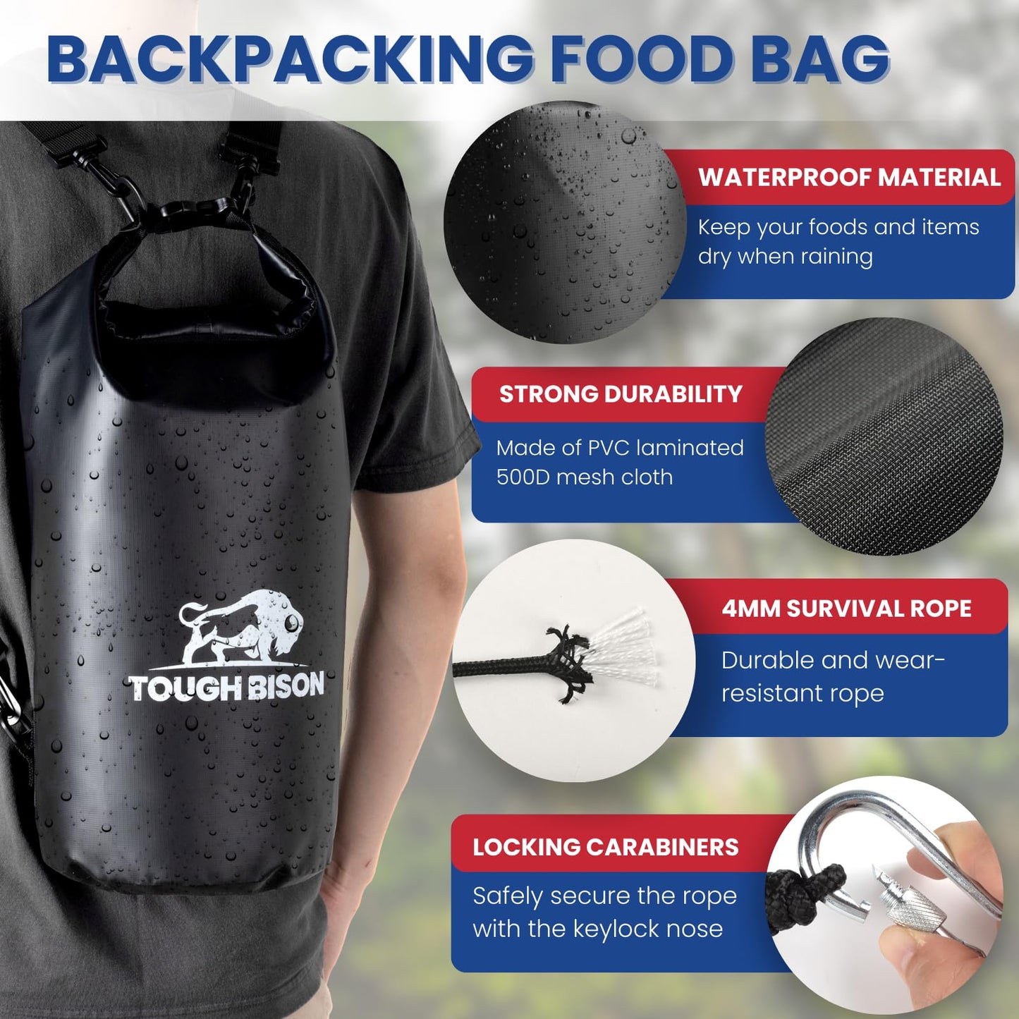 Tough Bison Bear Bag Hanging Kit - 10L Waterproof Bear Proof Food Storage Bag, 2 Straps, Rock Sack & 2 Ropes with 4 Safety Clips for Hiking, Kayaking, Camping, Outdoor Adventures