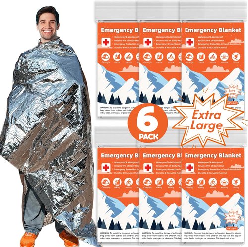 Emergency Thermal Blanket 6 Pack by [Brand Name] - Extra Large 84” x 64” Mylar Survival Blankets for Camping & Hiking