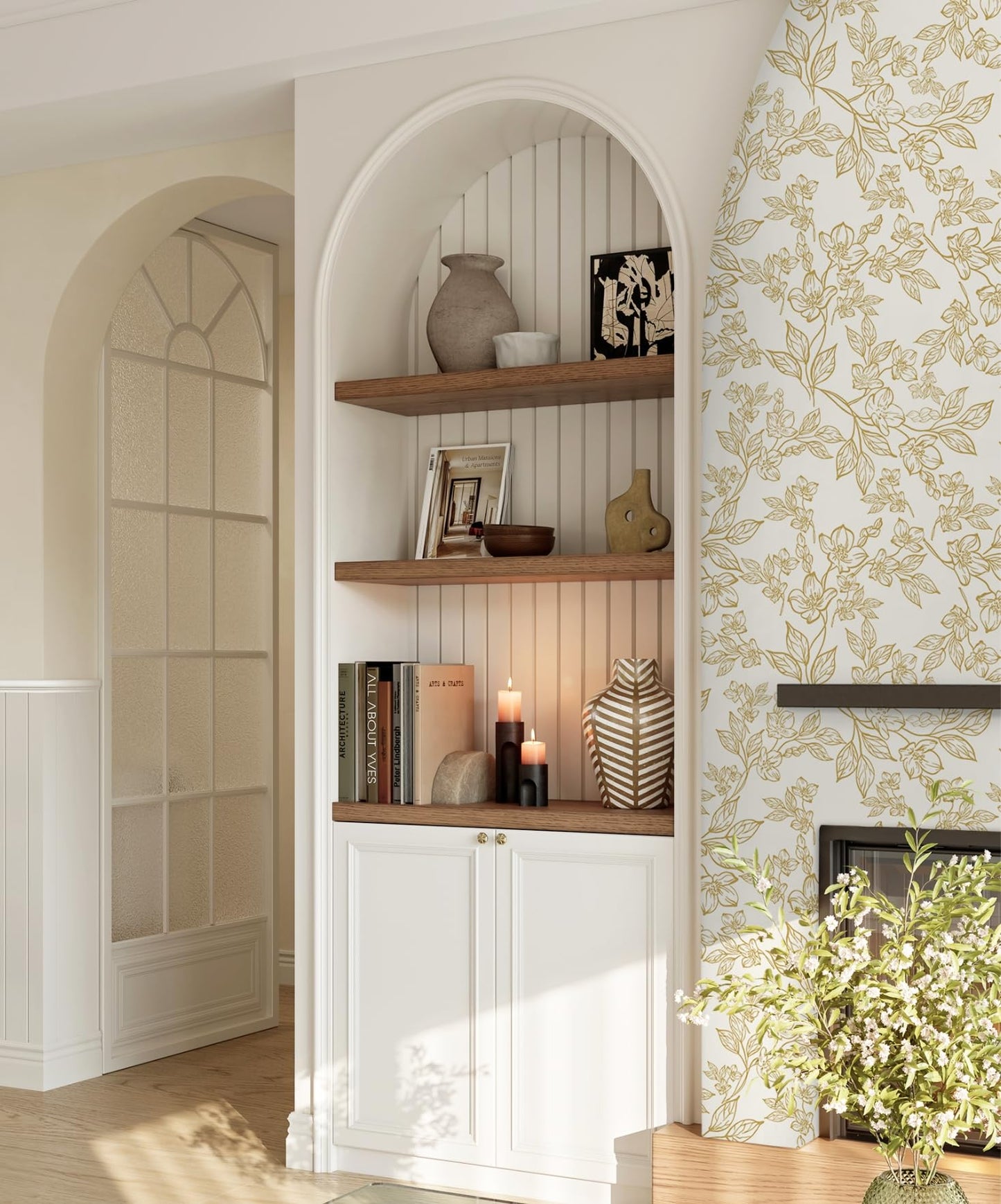 Ismoon Floral Peel and Stick Wallpaper Vintage Beige Contact Paper White Gold Stick on Wallpaper Textured Removable Self Adhesive Wall Paper for Bedroom Vinyl 17.3x78.7in