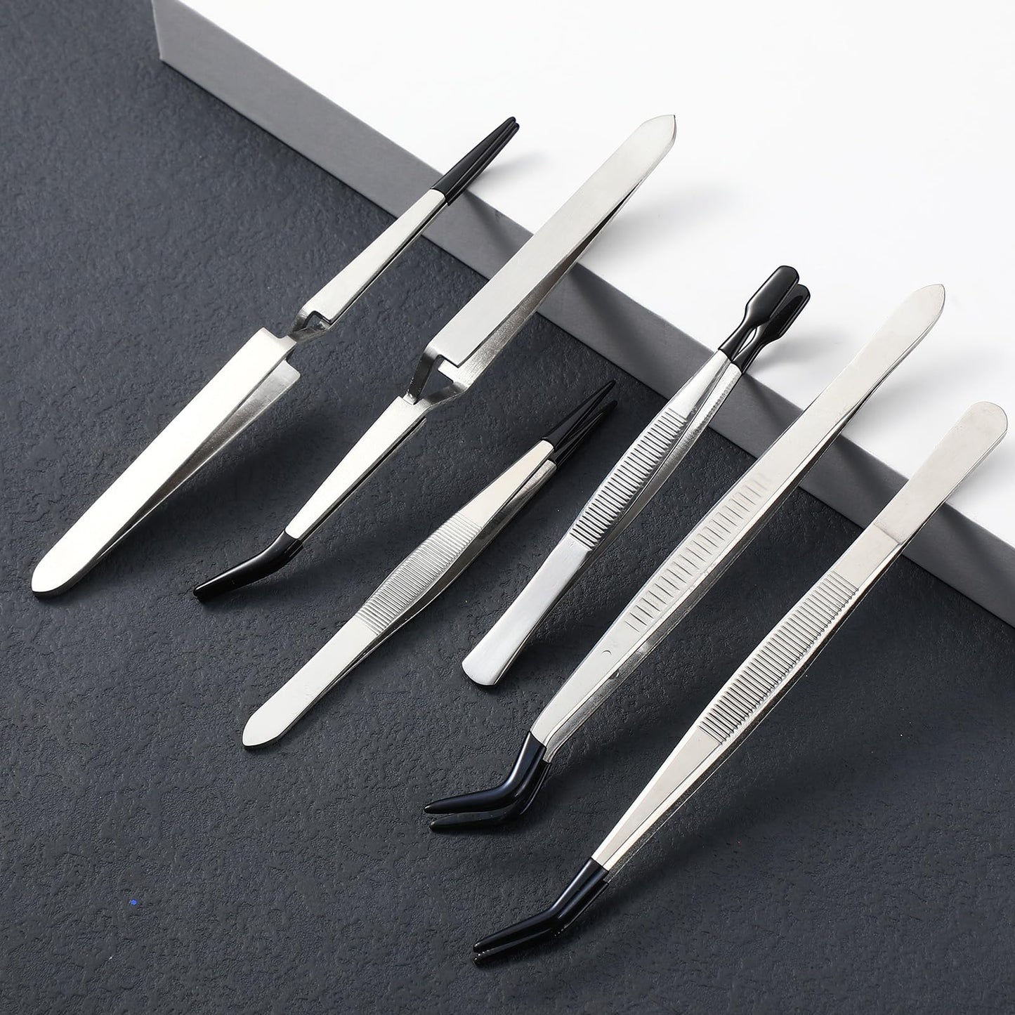 Jingmore 6 Pieces Tweezers with Rubber Tips Rubber Tipped Tweezer Cross Lock PVC Coated Tweezers Craft Jewelry Anti Scratch Long for Crafting Beads Jewelry Stamps Succulents Pet(Black)