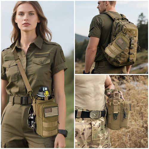 Water Bottle Sleeve with Strap - Insulated Water Bottle Holder with MOLLE System for Backpack Tactical Khaki Crossbody Pouch for Walking Hiking Fishing Camping Gym 32oz&24oz