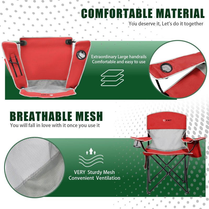 Portable Outdoor Folding Chair with Cup Holder & Cooler Bag - Breathable Mesh, Wide Armrests, Ergonomic Design for Camping, Beach, Backyard - Includes Storage Bag & Bottle Opener (Black/Green/Red)