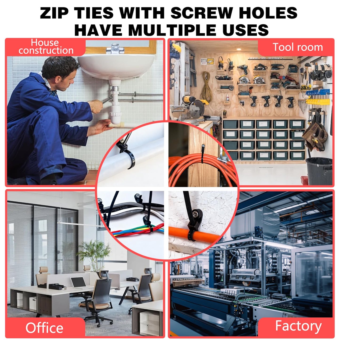 100 PCS Nylon Universal Cable Tie Buckle, Zip Ties With Screw Hole, with 50 PCS Screw Hole 75 lbs Mountable head Cable management Ties for Indoor & Outdoor Use