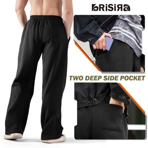 BRISIRA Mens Baggy Sweatpants (L-2XL) Fleece Lined Wide Leg Warm Sweat Pants Open Bottom with Deep Pocket & Elastic Waist Black