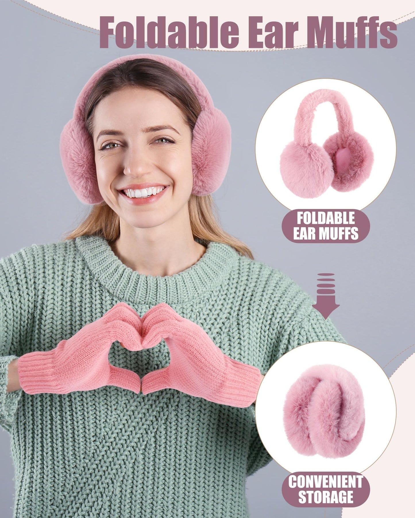 Geyoga 6 Pcs Winter Knit Set with Knit Beanie Hat Long Scarf Touchscreen Gloves Foldable Earmuff Fleece Socks for Women(Pink,Minimalist Style)