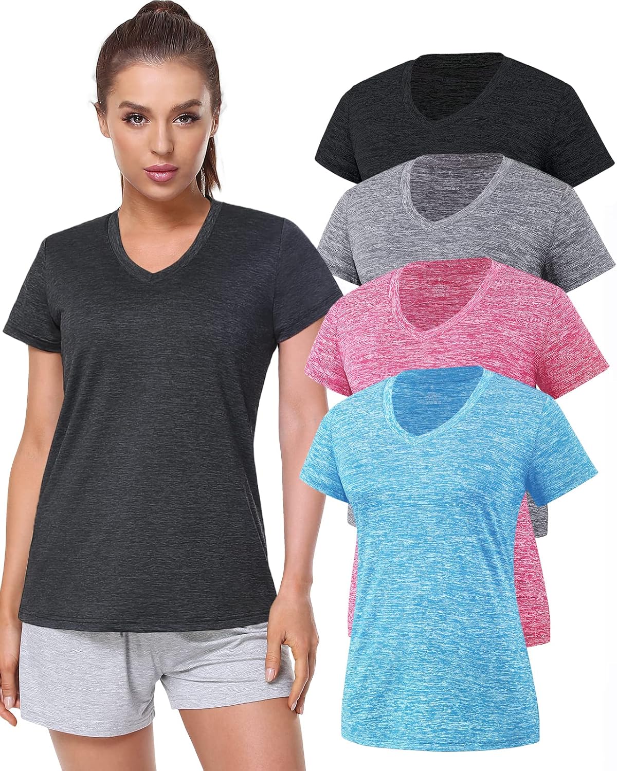 Xelky Women's Dry Fit T-Shirts - Moisture-Wicking Short Sleeve Athletic Tees | V-Neck Workout Tops (3-4 Pack)