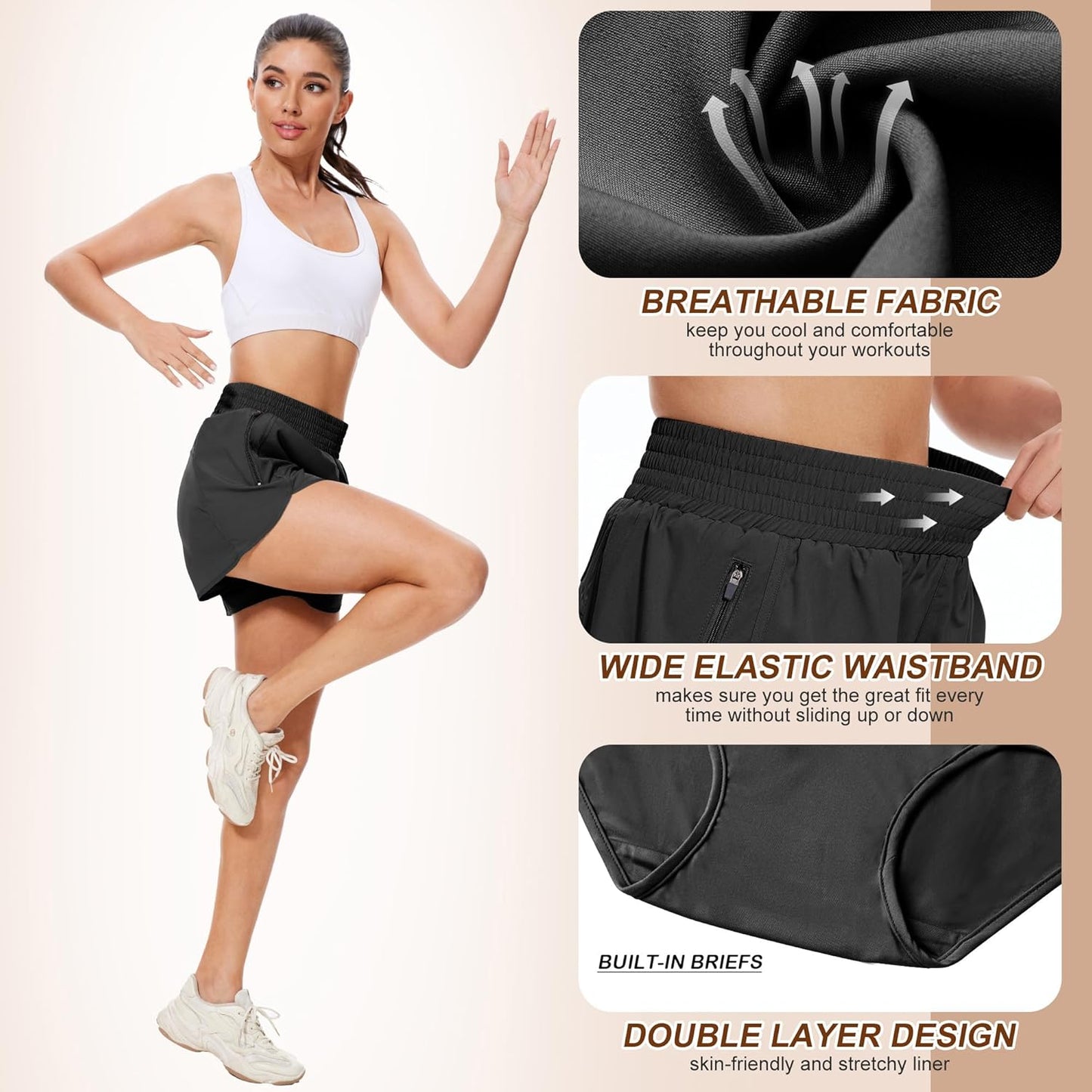 BALENNZ Women's Athletic Workout Shorts - Zipper Pockets & Elastic Waist for Gym & Running