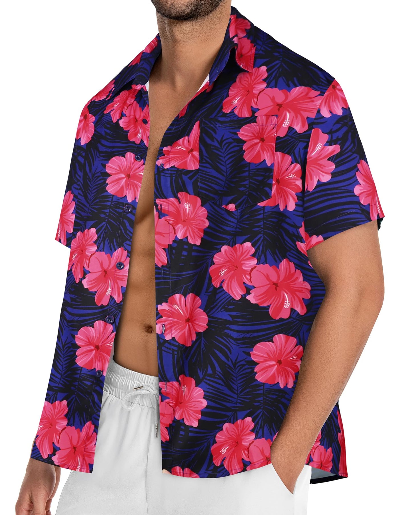 Mens Hawaiian Shirt Short Sleeve Summer Beach Casual Tops Button Down T Shirts with Pocket(Pink Navy Floral,XL)