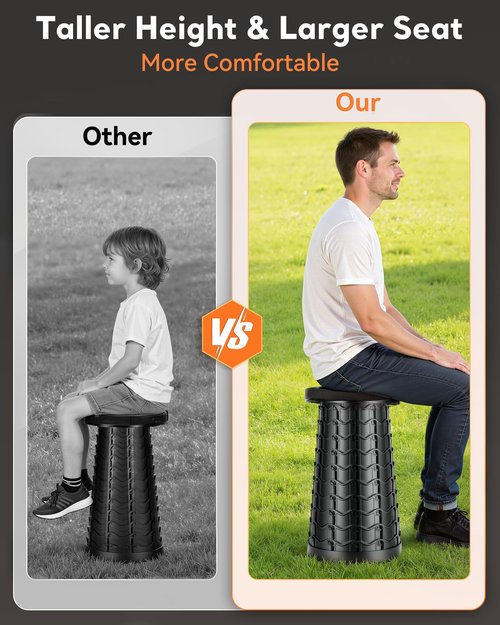 Collapsible Stool for Adults Adjustable Height - Portable Retractable Folding Camping Stool, Extra Tall and Wide Folding Chair, Heavy Duty Outdoor Essentials for Camping, Fishing, Waiting, Hunting