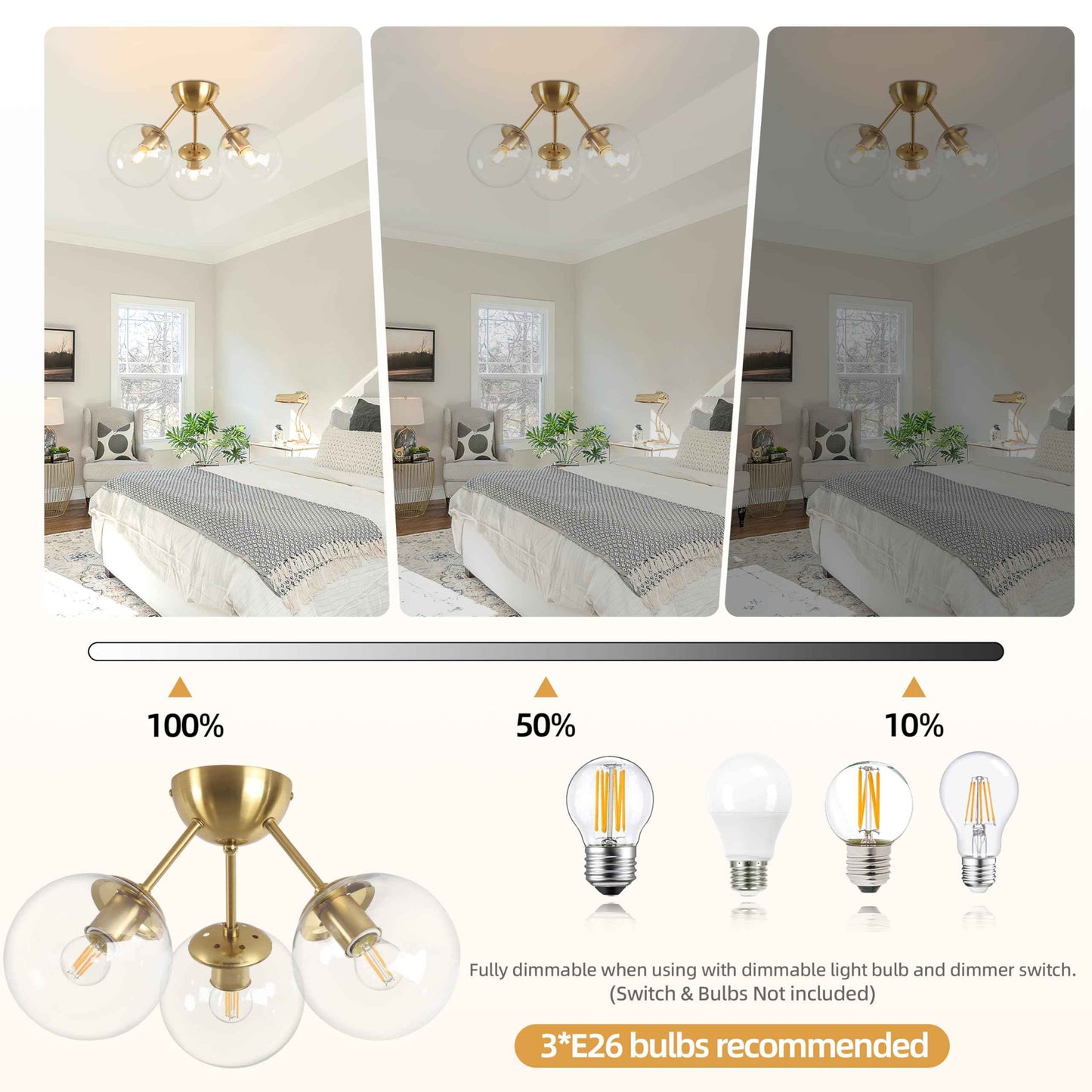 Bagood Mid-Century Modern Semi Flush Mount Ceiling Light 3 Lights Clear Glass Modern Globe Ceiling Light Gold Brass Sputnik Chandeliers for Hallway Entryway Kitchen Bedroom Laundry(Bulb Incl.)