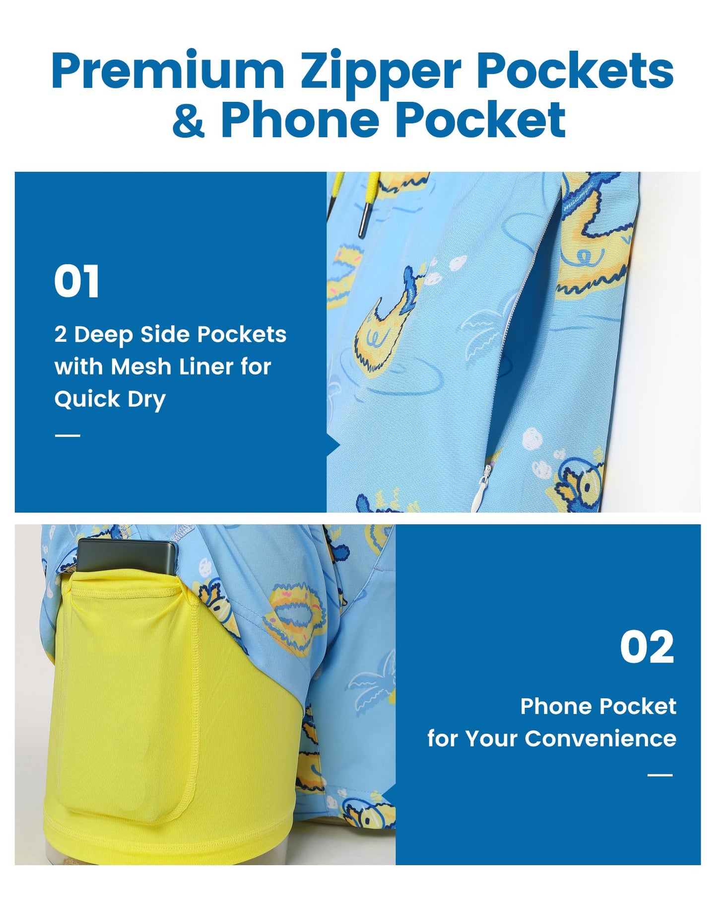 maamgic Mens Swim Trunks with Compression Liner 5 Inch, Quick Dry Bathing Suit with Zipper Pockets, Stretch No-Chafing Swim Shorts, Blue-Swimming Duck Medium