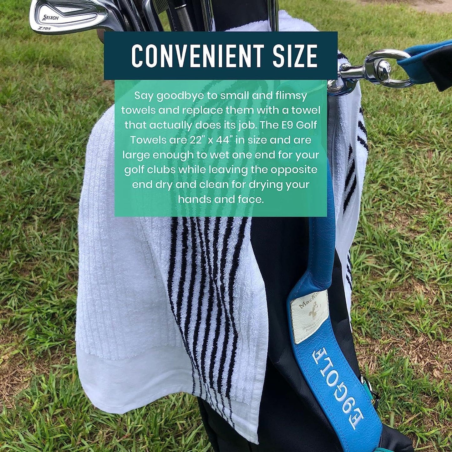 E9 GOLF Caddy Towel - Large 22" x 44" Caddie Style Golf Towel Design, Use The Same Golf Towel That Tour Players Use, Simple, Clean Design, White with Black Stripes
