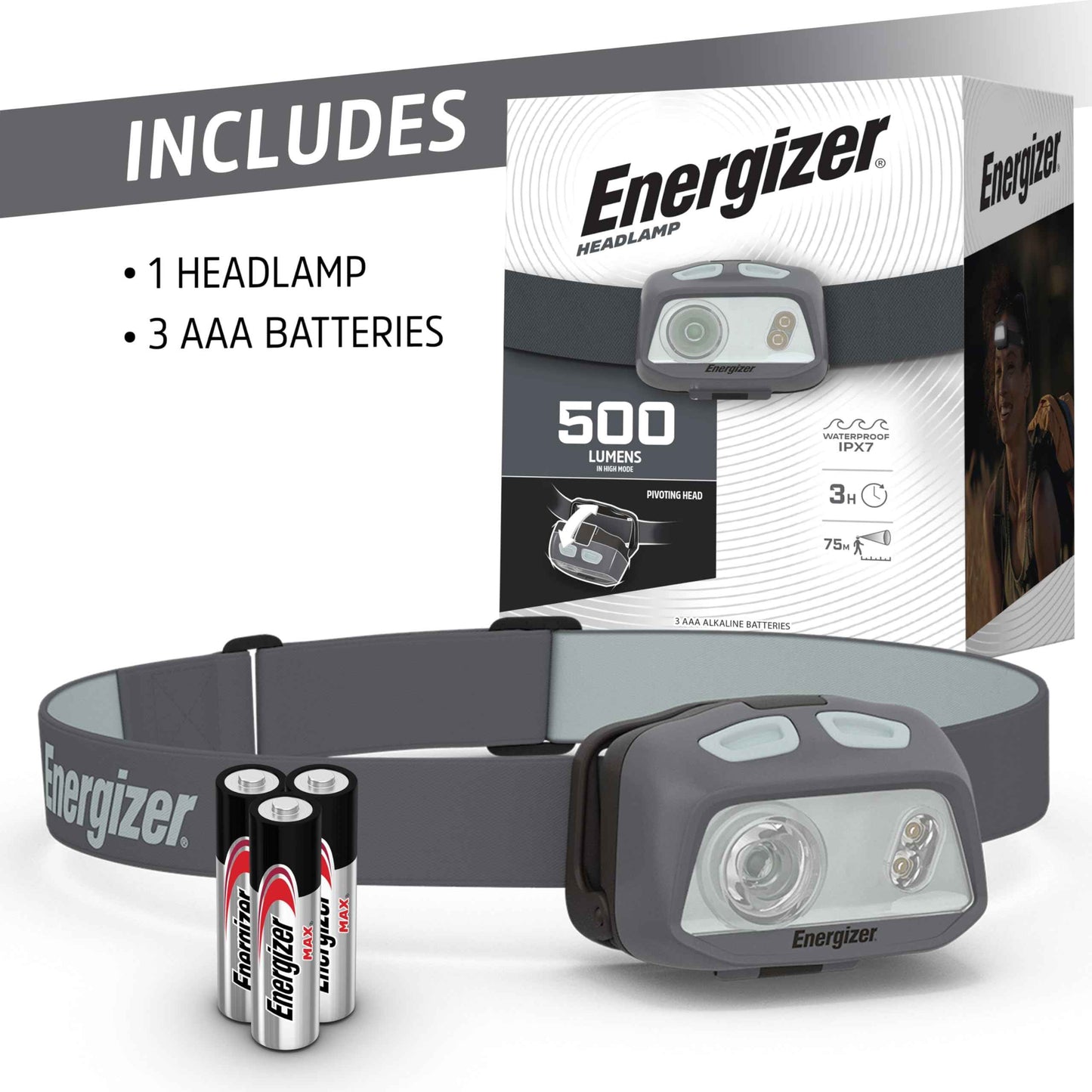 Energizer HDL40 LED Headlamp, 500 Lumen, IPX7 Waterproof, Multi-Colored Headlamp, Hands-Free Light, Batteries Included