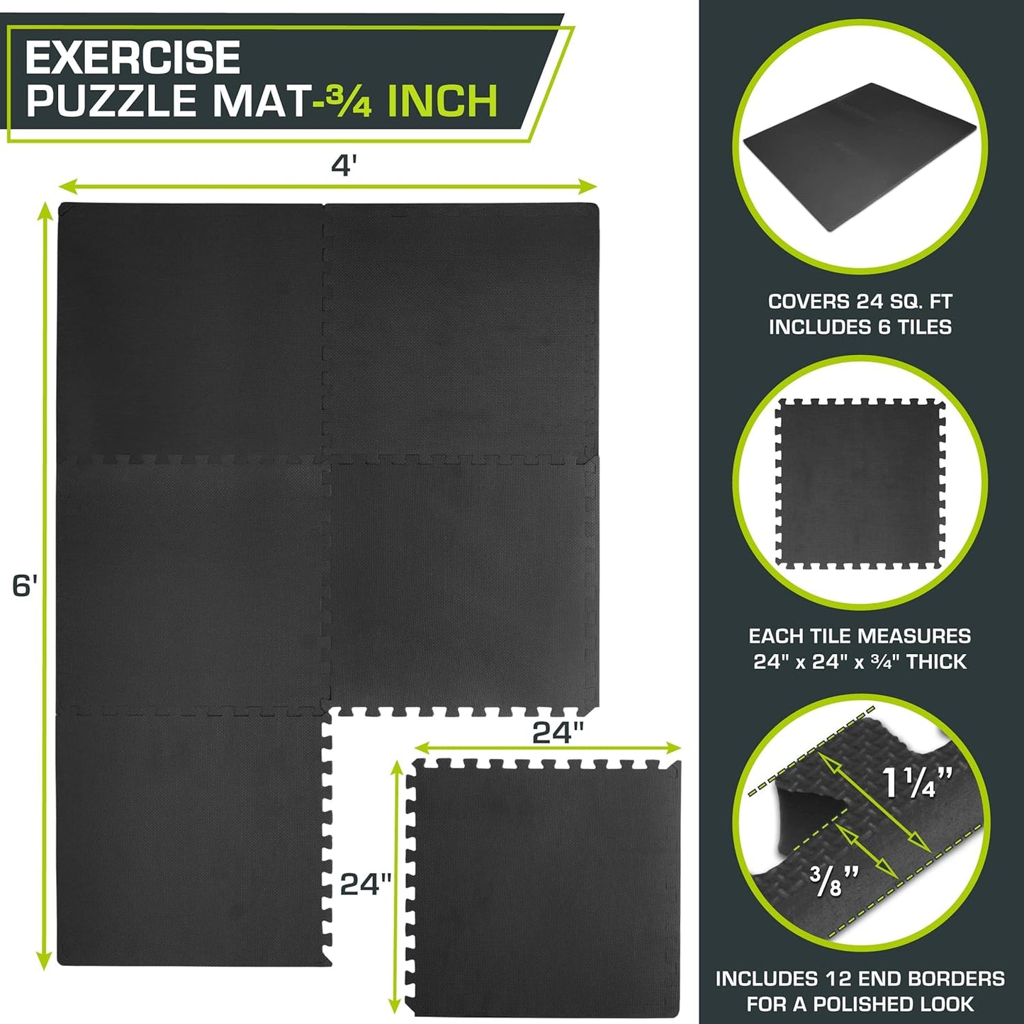 ProsourceFit Extra Thick Exercise Puzzle Mat - ¾-Inch EVA Foam Interlocking Tiles | Cushioned Flooring, Black, 24 SQ FT (6 Tiles)