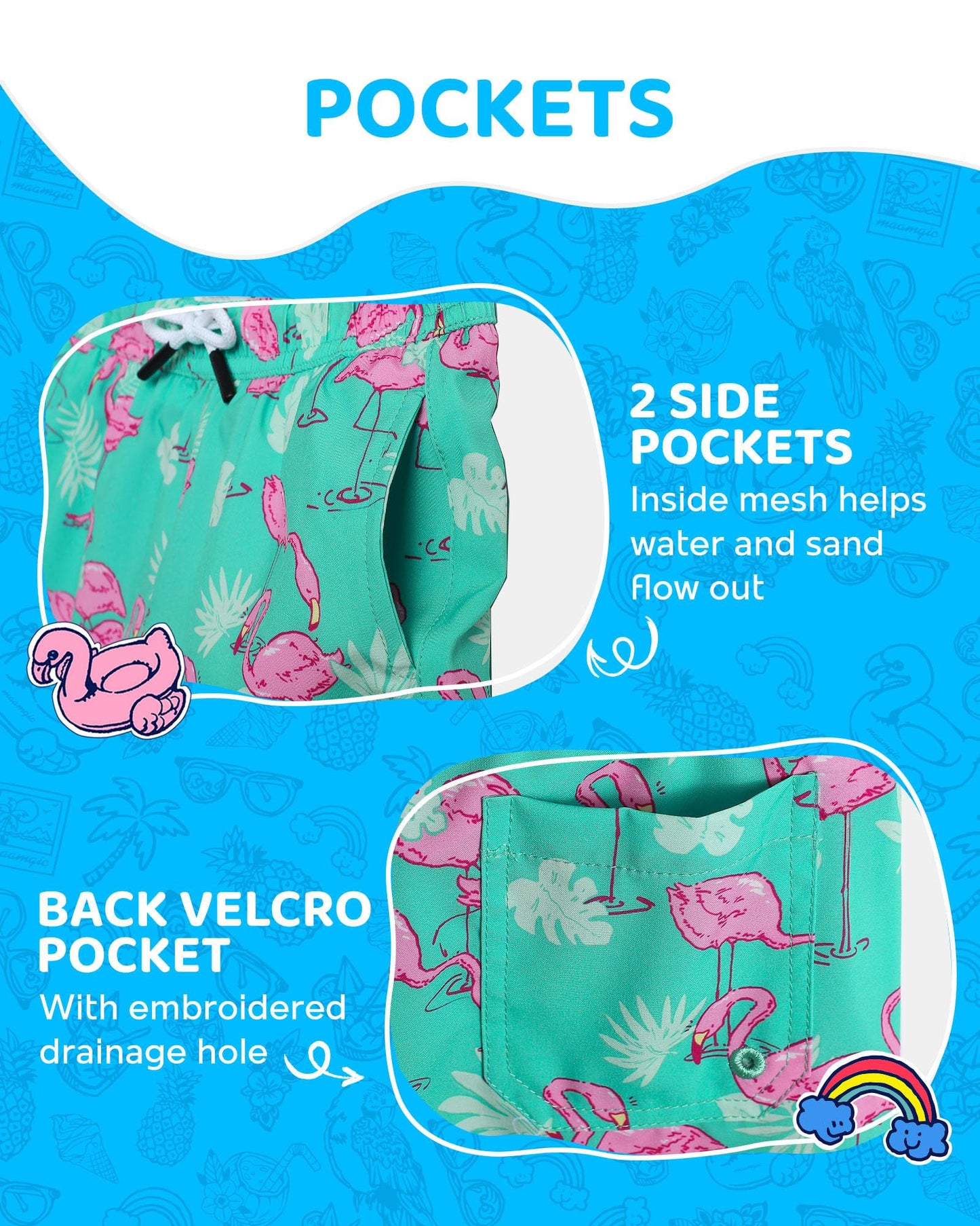 maamgic Boys Swim Trunks with Compression Liner Toddler Boy Swimsuit Quick Dry 4-Way Stretch Swimming Trunks Cute Flamingo Green 10-12 Years