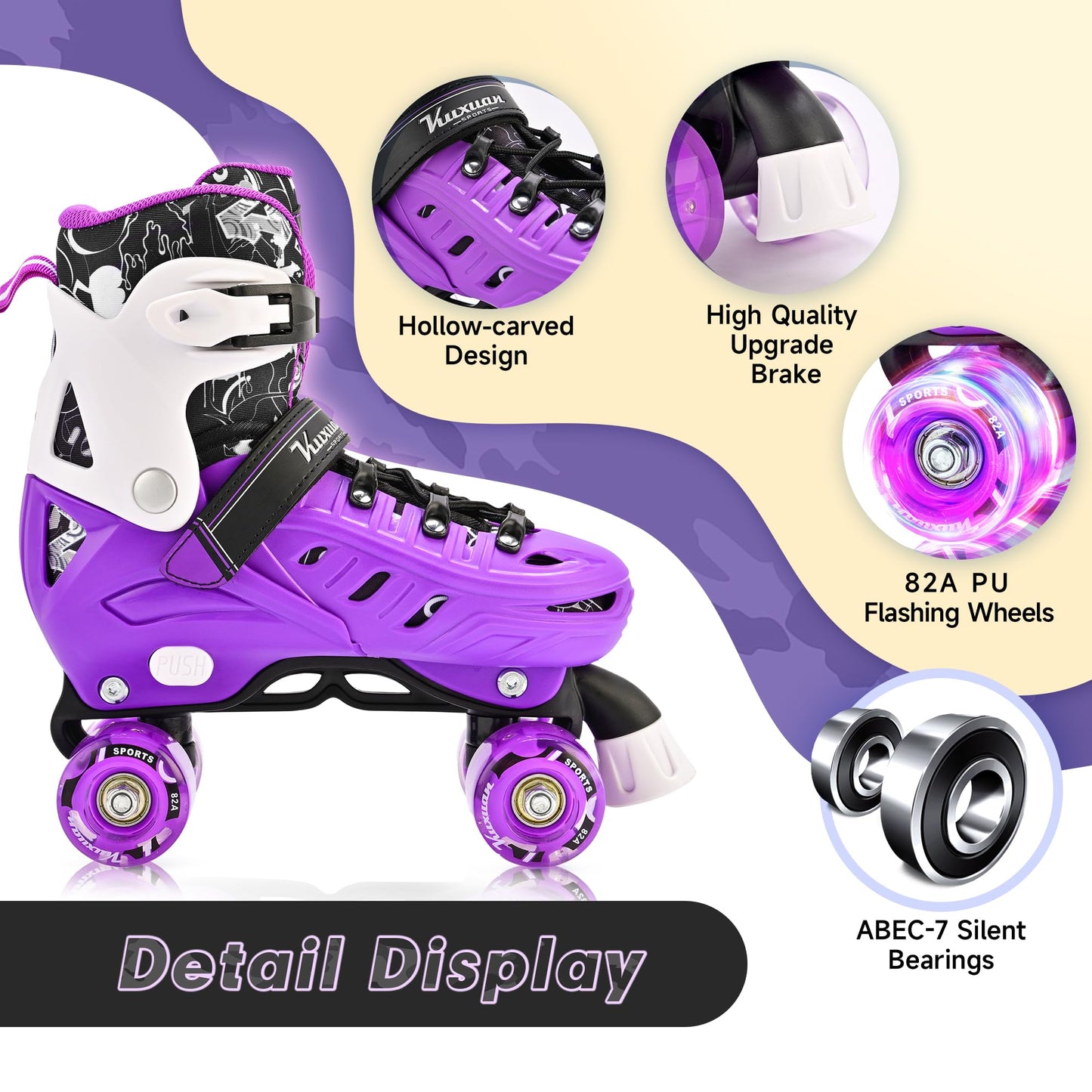 Kuxuan Skates Roller Skates for Girls and Boys Kids, 4 Sizes Adjustable Fun Kids Toddler Rollerskates with Light up Wheels for Teens Women Indoor Outdoor