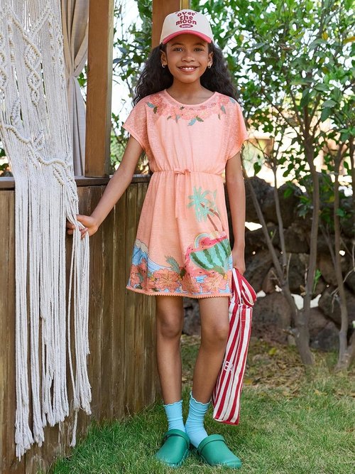 Haloumoning Girls Swim Cover-Up - Stylish Printed Short Sleeve Beachwear for Ages 5-14 Years