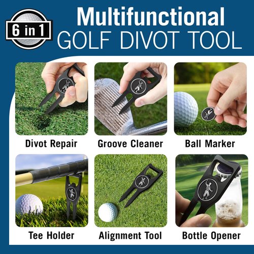 6-in-1 Golf Divot Tool with Ball Marker – Premium Multi-Tool with Bottle Opener, Club Tee, Groove Cleaner, and Putting Alignment – The Ultimate Golf Accessory for the Green – Black