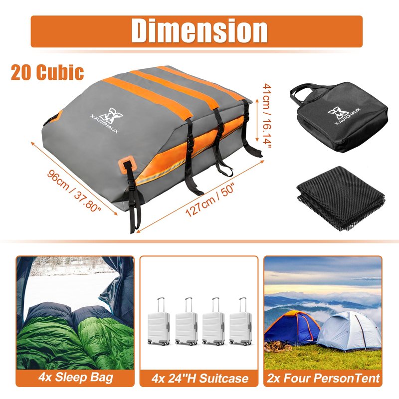 X AUTOHAUX 1000D PVC Waterproof Car Roof Bag Rooftop Cargo Carrier Bag Waterproof Luggage Carriers for Cars with or without Rack Anti-Slip Mat 6 Door Hooks Set - 20 Cubic Feet