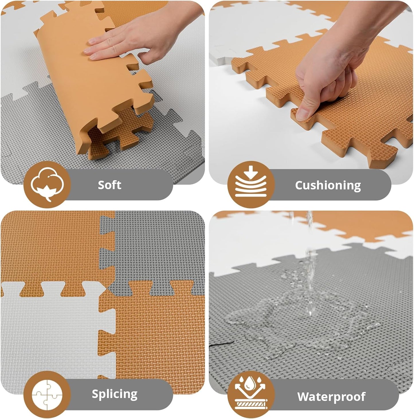 Skiennix Baby Play Mat - 16 Interlocking EVA Foam Tiles | 0.6 Inch Thick, White-Brown-Grey