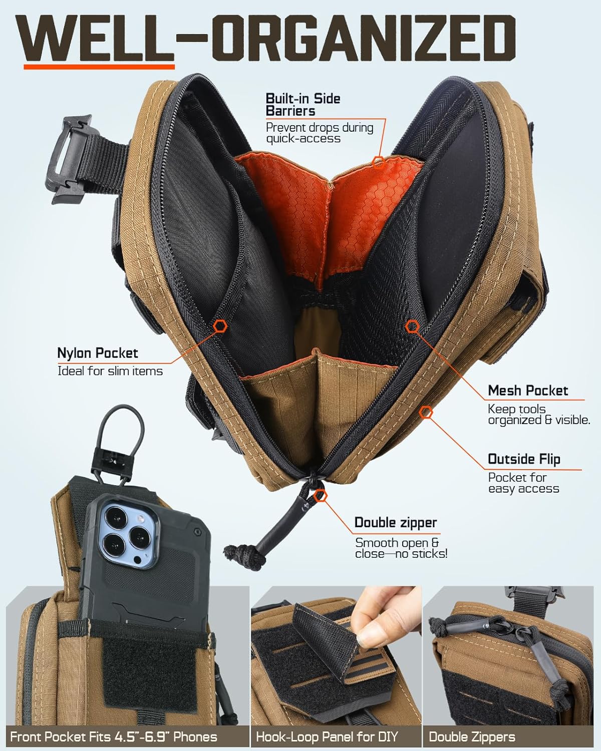 RXW Tactical Utility Phone Pouch - MOLLE EDC Tool Holster for Vests & Duty Belts | Fits 4.5"-6.9" Phones