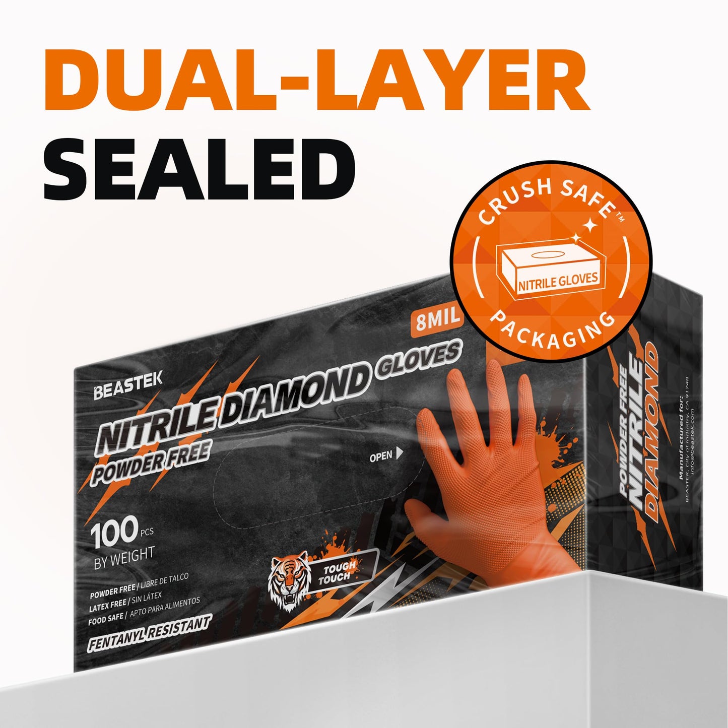 Beastek Nitrile Disposable Gloves, 8Mil Latex & Powder Free Chemical Resistant Heavy Duty Cooking Diamond Glove Orange 100Pcs (Large)