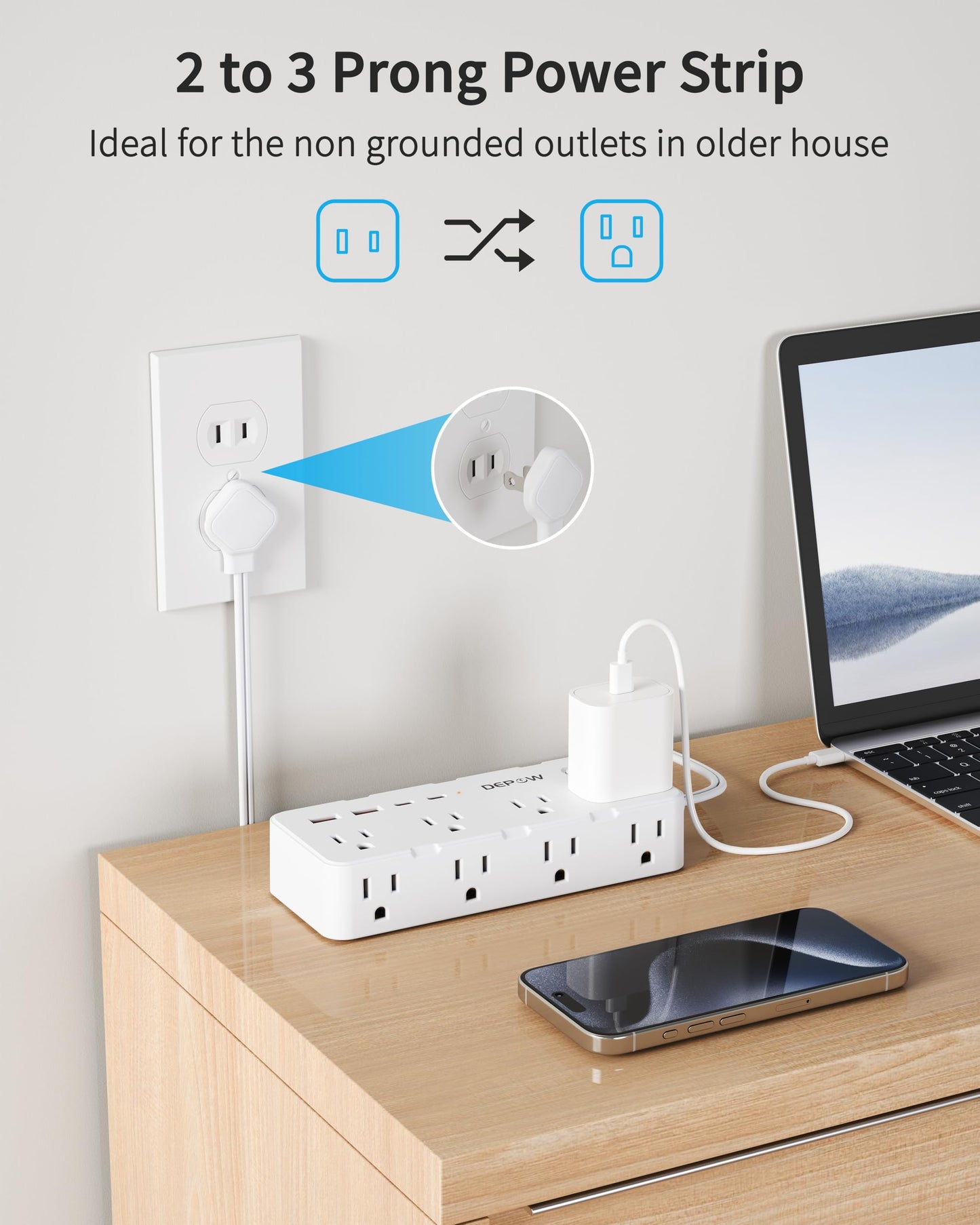DEPOW 2 Prong Power Strip, 2 to 3 Prong Outlet Adapter with 8 AC & 4 USB Ports (2 USB C), 5FT Extension Cord, 1700J Two Prong Surge Protector, Wall Mountable, Ideal for Old House Non-Grounded Outlets