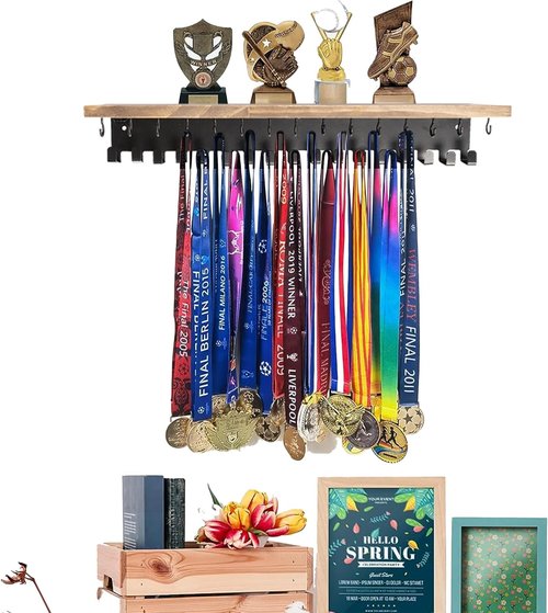 Defined Deco Medal Hanger - Wooden Trophy Shelf With 32 Hooks for Wall-Mounted Ribbon Display | Ideal for Gymnastics, Soccer, Running Medals