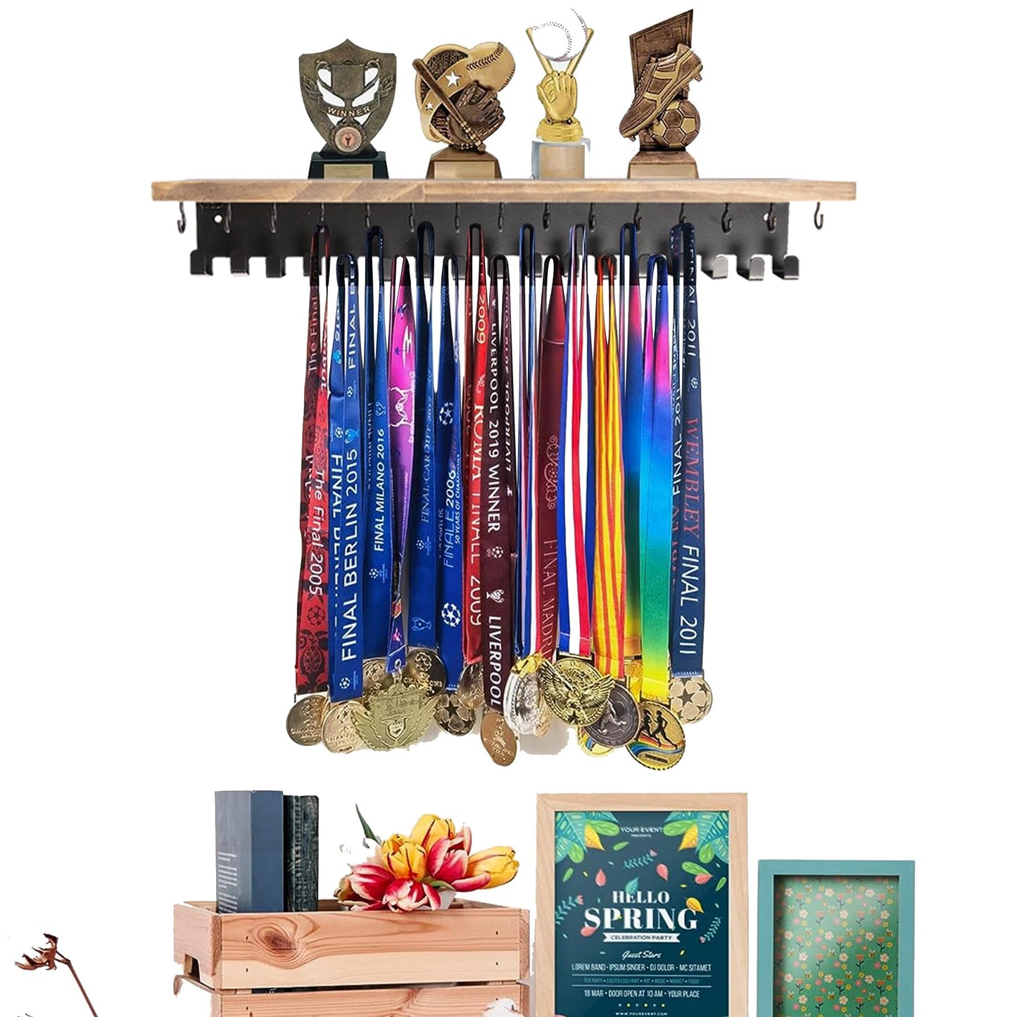 Defined Deco Medal Hanger Display and Trophy Shelf with 32 Hooks-Wooden Medal Holder for Wall Mount Ribbon Display,Soccer, Running Race Medals Awards Rack.