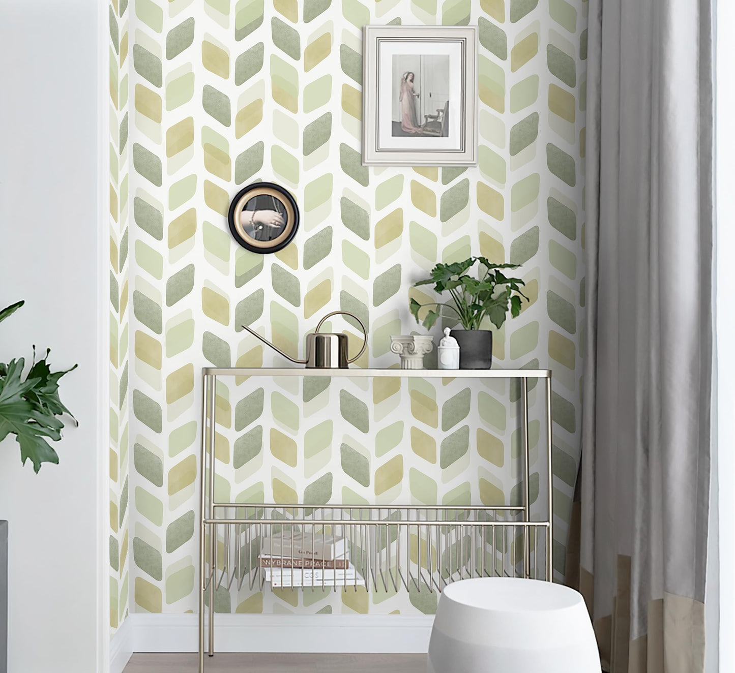 Fiula Boho Peel and Stick Wallpaper Checkered Contact Paper 17.3"x78.7" Neutral Geometric Wall Paper Modern Self Adhesive Removable Wallpaper for Bathroom Kitchen Cabinets Waterproof(Green/Yellow)