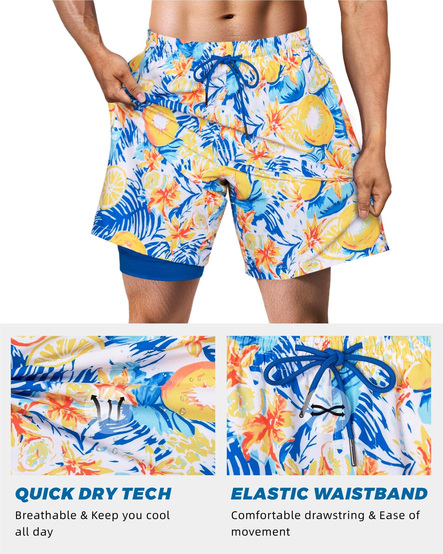 SURF CUZ Mens Swim Trunks with Compression Liner Quick Dry 7" Swimming Trunks Stretch Zipper Pockets, Fresh Fruit, Blue, Medium, Adult Men