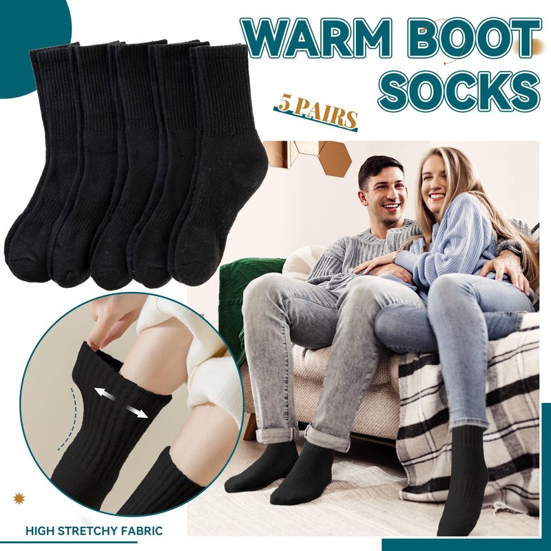 Eocom Merino Wool Hiking Socks for Women & Men Thermal Winter Warm Thick Cushion Crew Work Boot Socks 5 Pairs(5 Pairs Black, Medium)