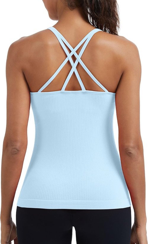 MathCat Seamless Workout Tank Top for Women - Built-In Bra & Spaghetti Strap Design | Ribbed Athletic Yoga Shirt