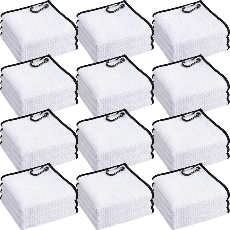 Batiyeer 12 Pcs Golf Towel Bulk for Golf Bags 16'' x 16'' Microfiber Fabric Towel with Clip Waffle Pattern, Fitness, Camping, Hiking, Yoga (White,16 x 16 Inches)