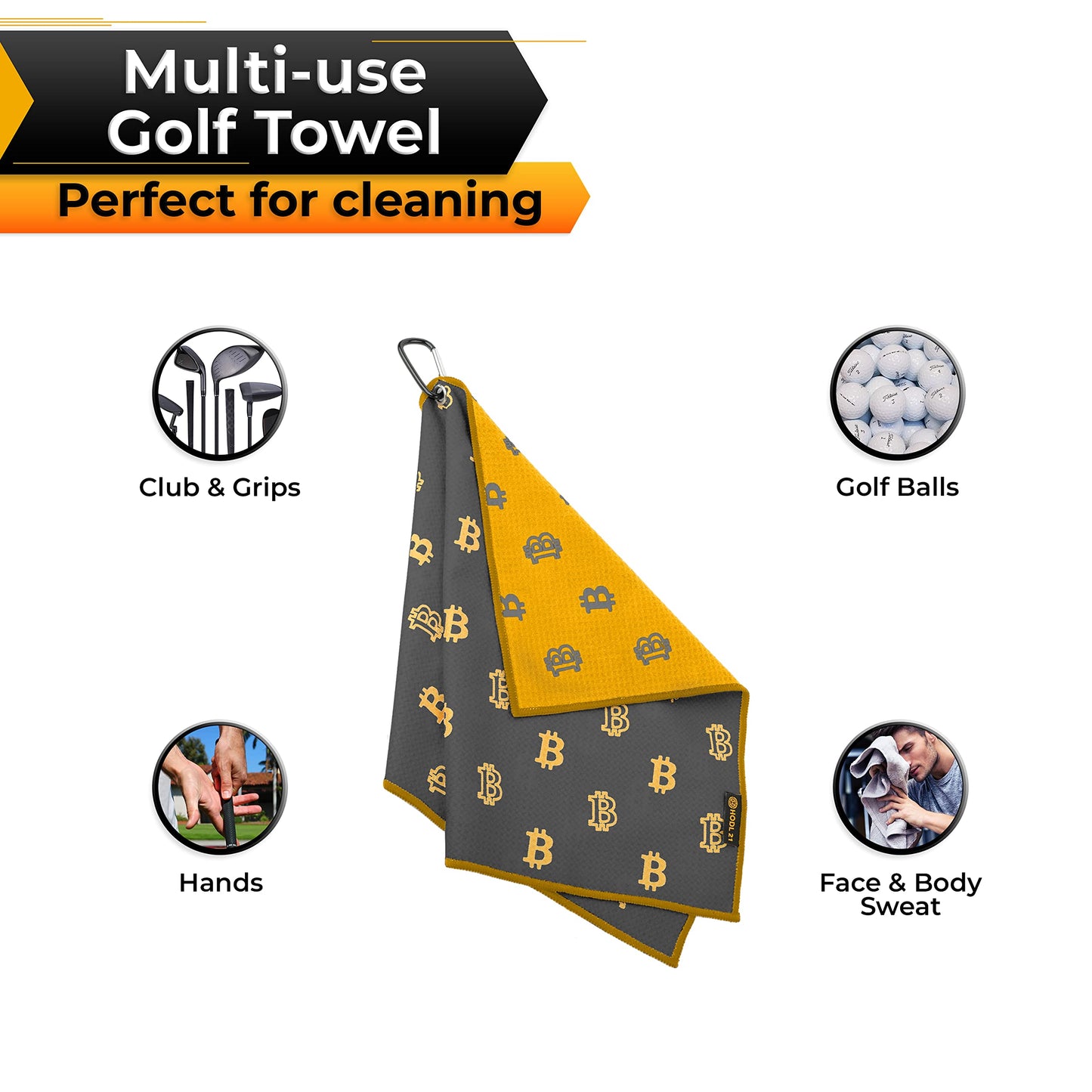 HODL 21 Golf Towel Bitcoin - Premium Towels Waffle Pattern with Two Sided Design - Heavy Duty Carabiner Clip to Secure to Golf Bags Golf Clubs and Ball Towel Accessories (Orange)