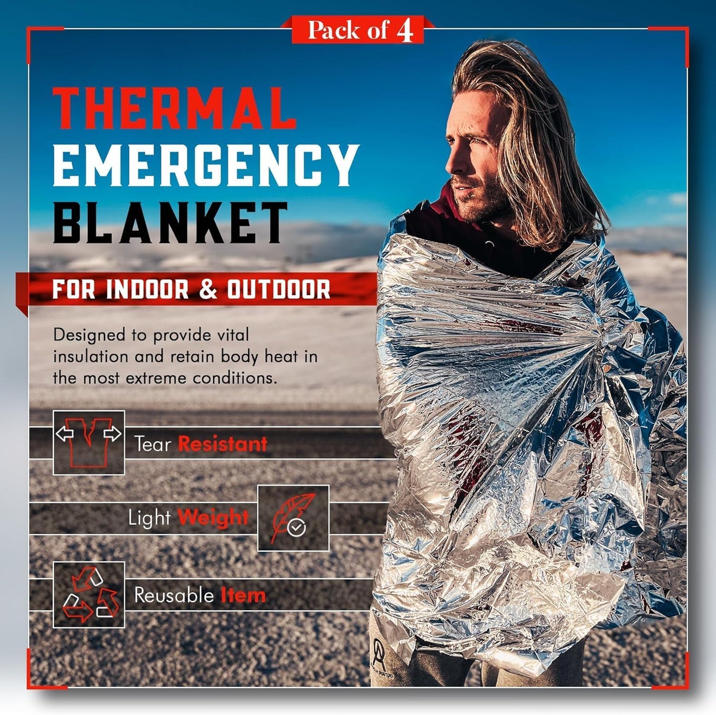 Skiennix Emergency Mylar Blankets - 4-Pack Reusable Thermal Survival Gear for Camping & Outdoors