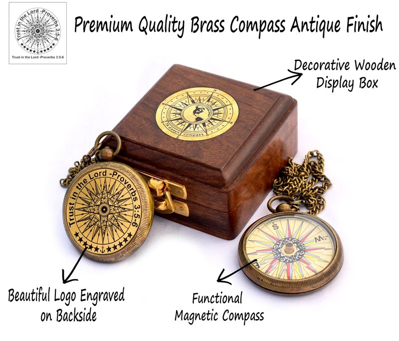 Trust in The Lord with All Your Heart -Proverbs 3: 5-6 Quote Engraved Compass with Wooden Box, Birthday, Baptism, Communion, Christmas, Graduation Day Gifts 2026 Compass for Women Mens Boy Girls