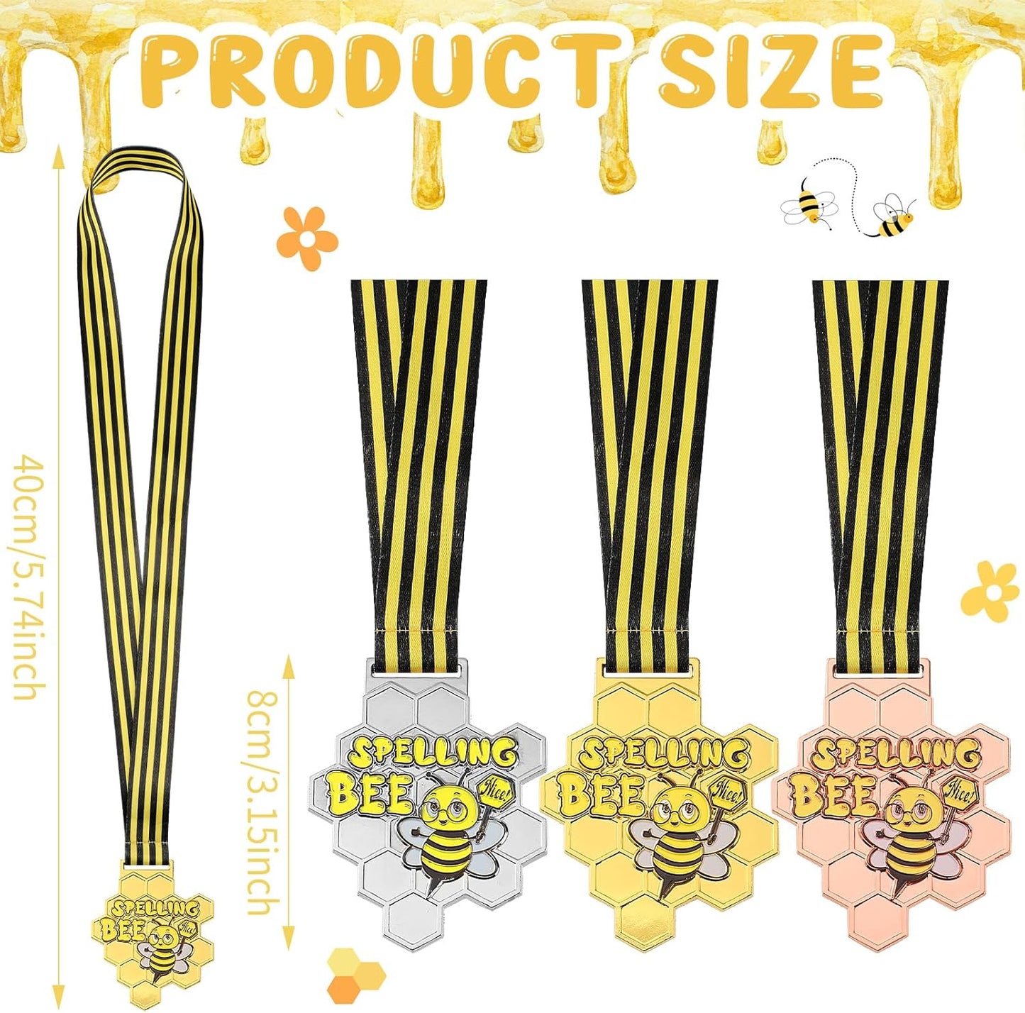 Remuuly Spelling Bee Honeycomb Medals - 1st, 2nd, 3rd Place Awards with Neck Ribbons | 3.2 x 2.8 Inches (Classic)